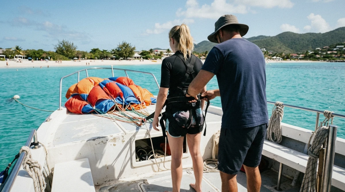 A parasail crew member fitting a harness before a flight during parasailing in St Maarten at Orient Bay Beach