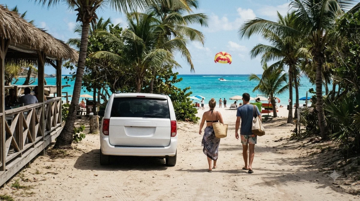 Taxi dropping travelers at the Orient Bay beach road with a parasail flying over the turquoise water, arriving for parasailing in St Maarten on a cruise day