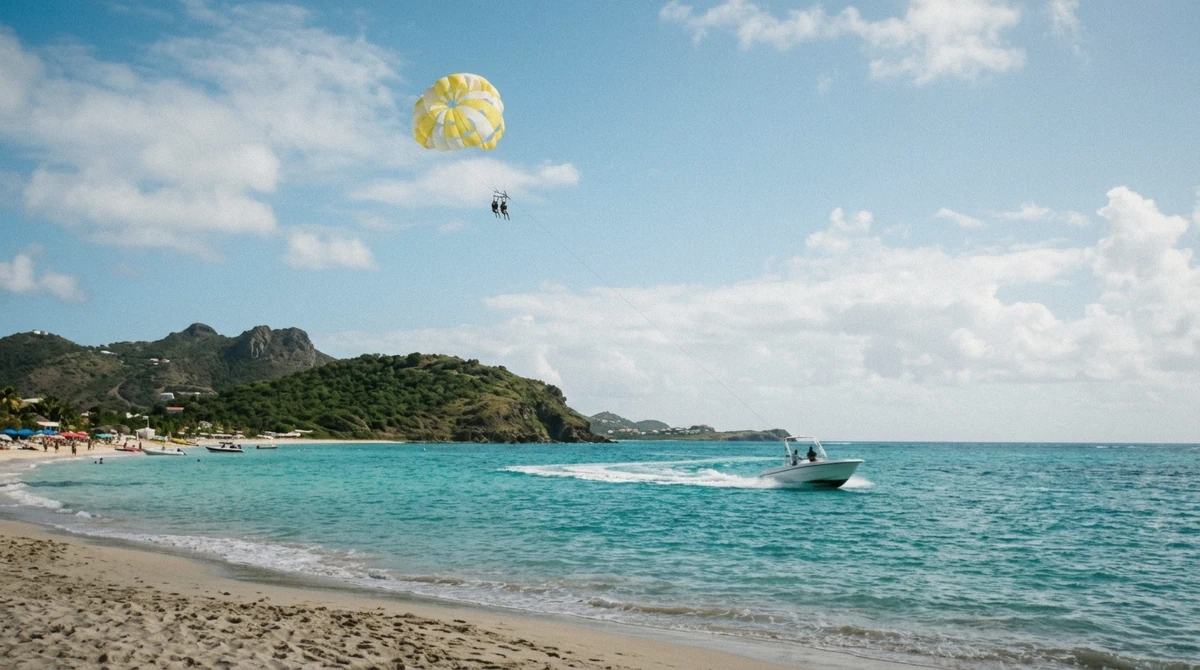 A tandem parasail rising over turquoise water during parasailing in St Maarten off Orient Bay Beach